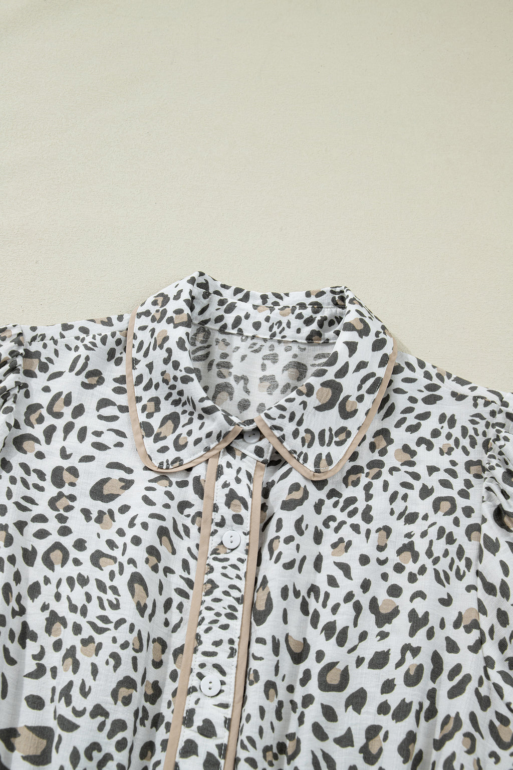 LivelyLooks White Leopard Contrast Trim Button Front Short Puff Sleeve Long Dress Maxi Sundress women's fashion