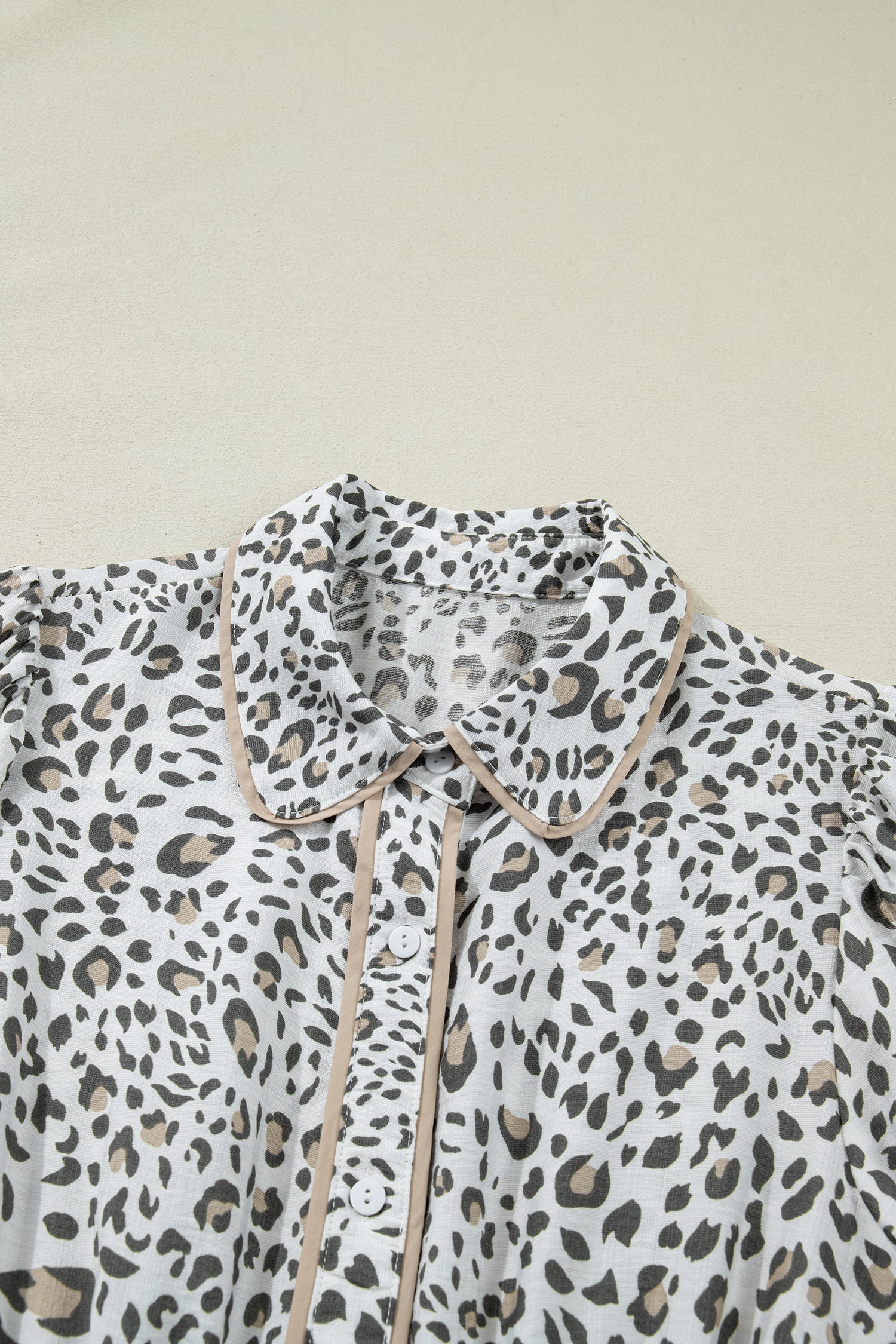 LivelyLooks White Leopard Contrast Trim Button Front Short Puff Sleeve Long Dress Maxi Sundress women's fashion