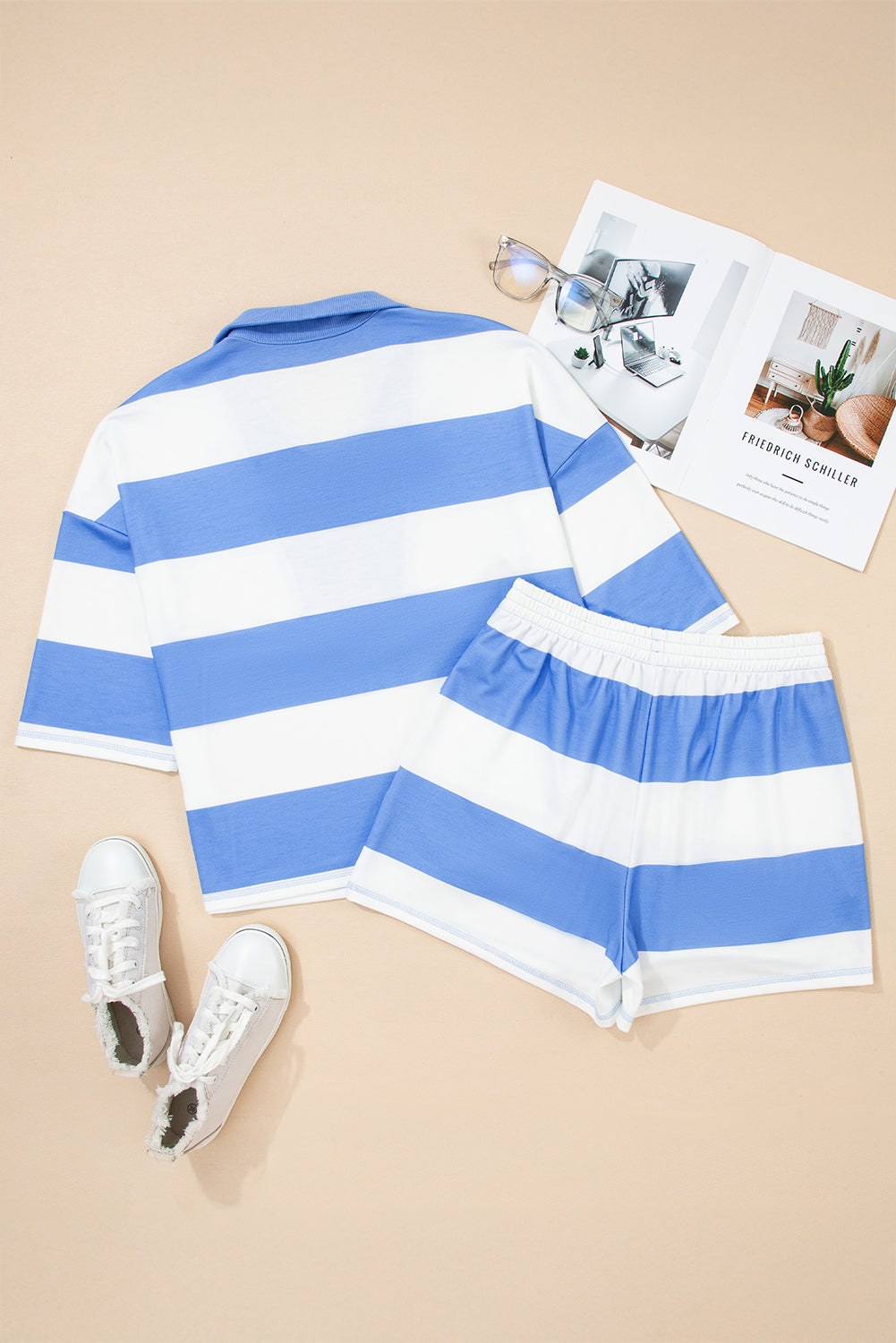 Seam Detail Half-Zip Tee & Casual Shorts Co-ord | Pink, Sky Blue & Yellow Stripe