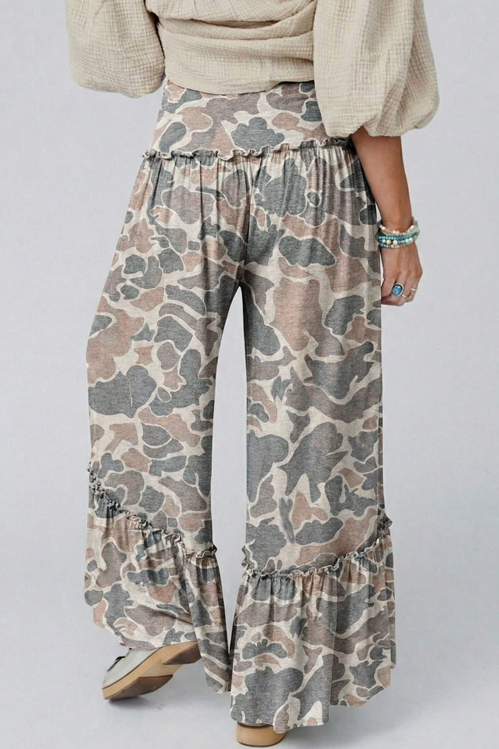 Camo Print Wide Leg Casual Trousers | Beige, Brown & Multicolour