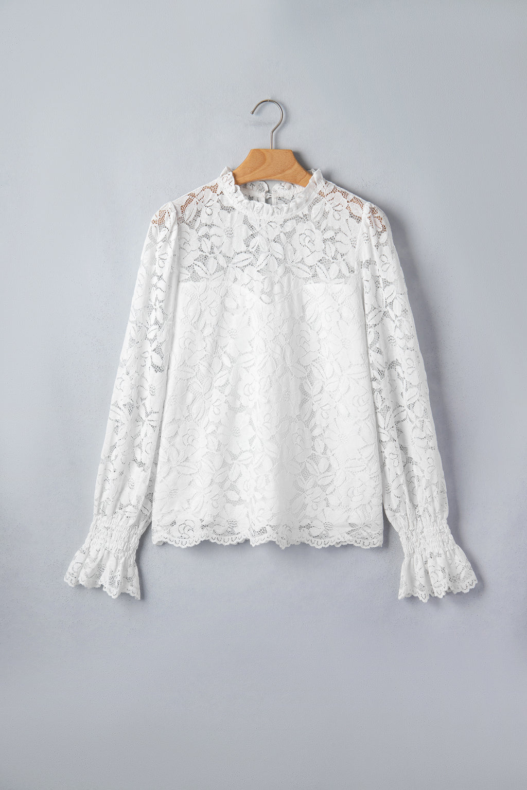 White Sheer Lace Blouse Ruffled Round Neck Long Flounce Sleeve Women S-XL