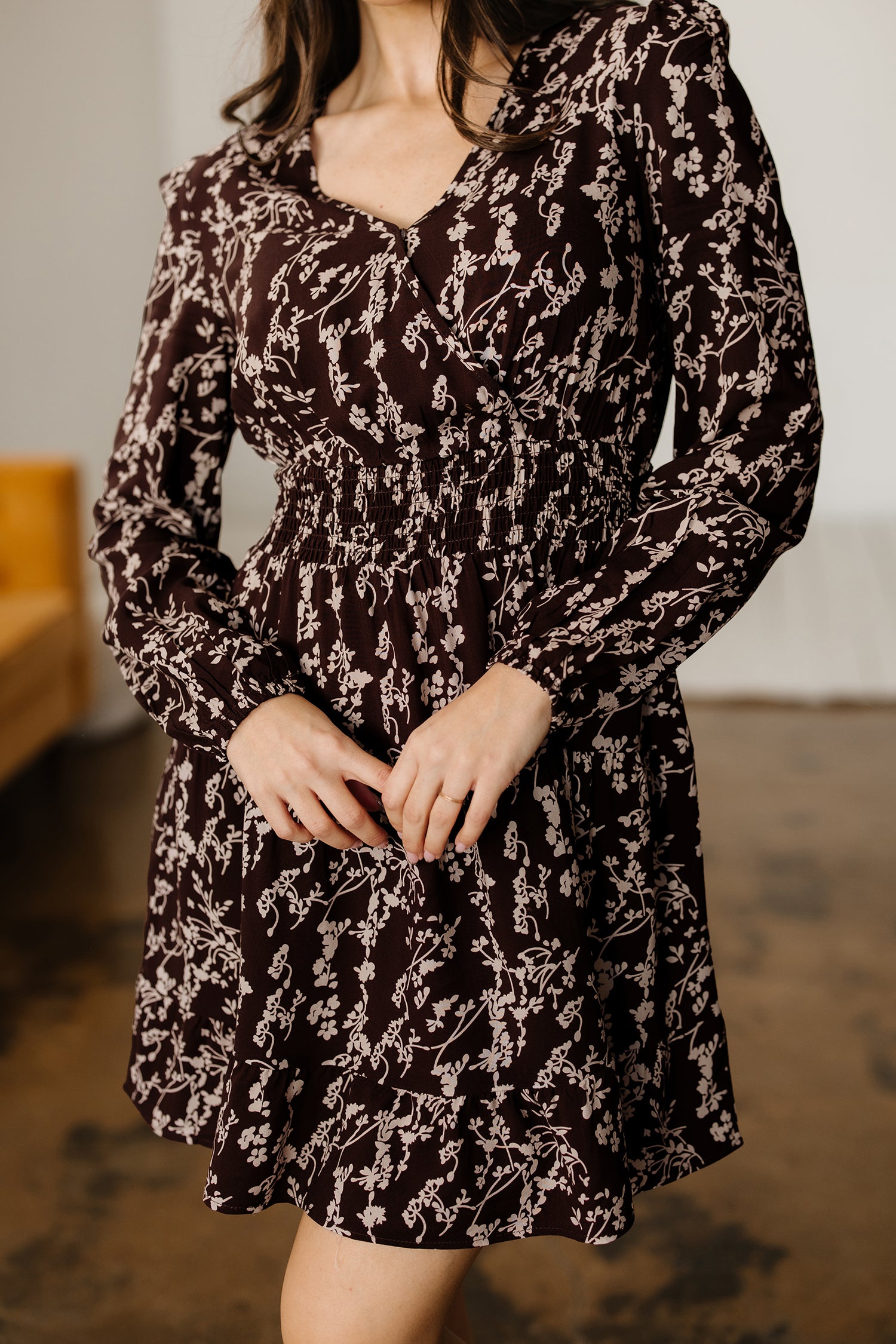 Brown Ditsy Floral Mini Dress Split Neck Long Sleeve Shirred Waist Flared Women S-XL