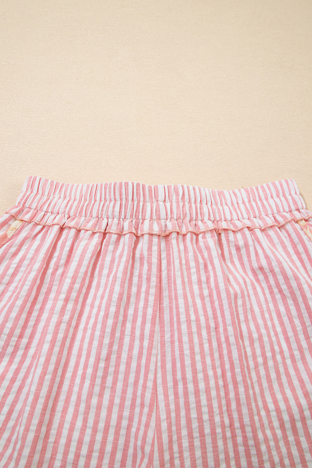 Women's Light Pink Striped Floral Trim Ribbon Knot Casual Shorts at LivelyLooks