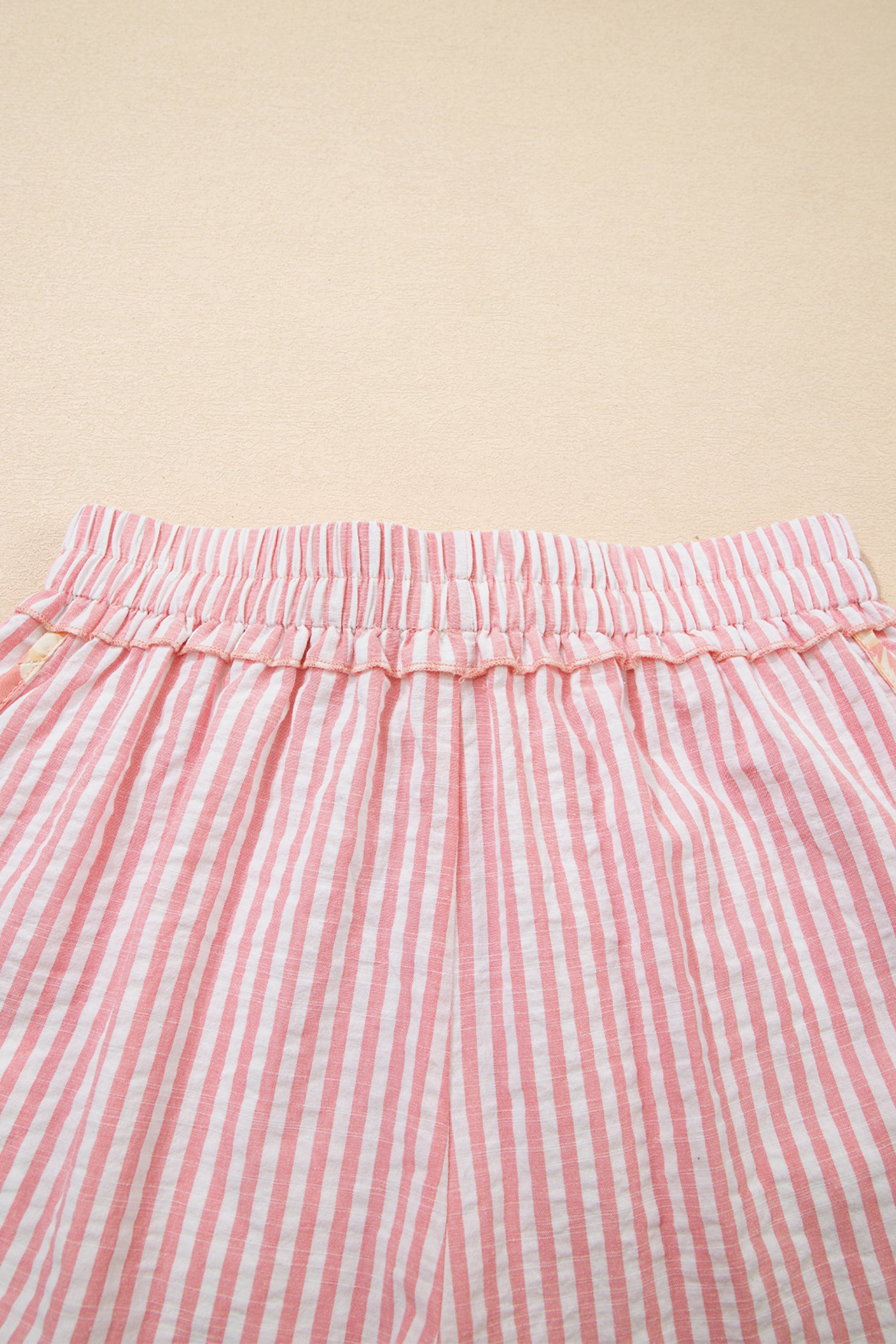 Women's Light Pink Striped Floral Trim Ribbon Knot Casual Shorts at LivelyLooks
