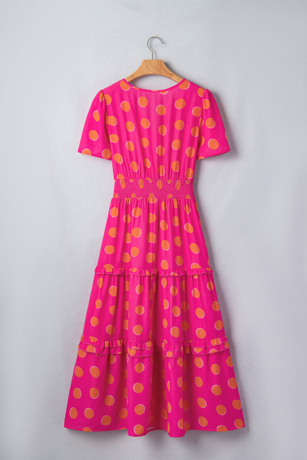 Rose Polka Dot Shirred High Waist Midi Dress | Short Sleeve Shadow Print