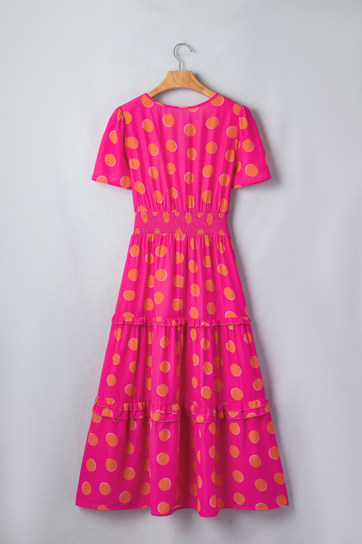 Rose Polka Dot Shirred High Waist Midi Dress | Short Sleeve Shadow Print