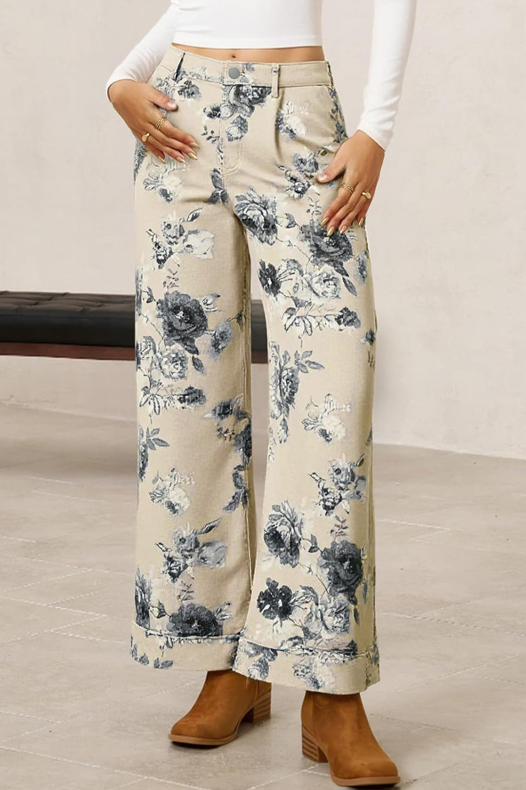 Beige Retro Floral Print Loose Jeans Turn-Up Cuffed Hem Women UK 4-16