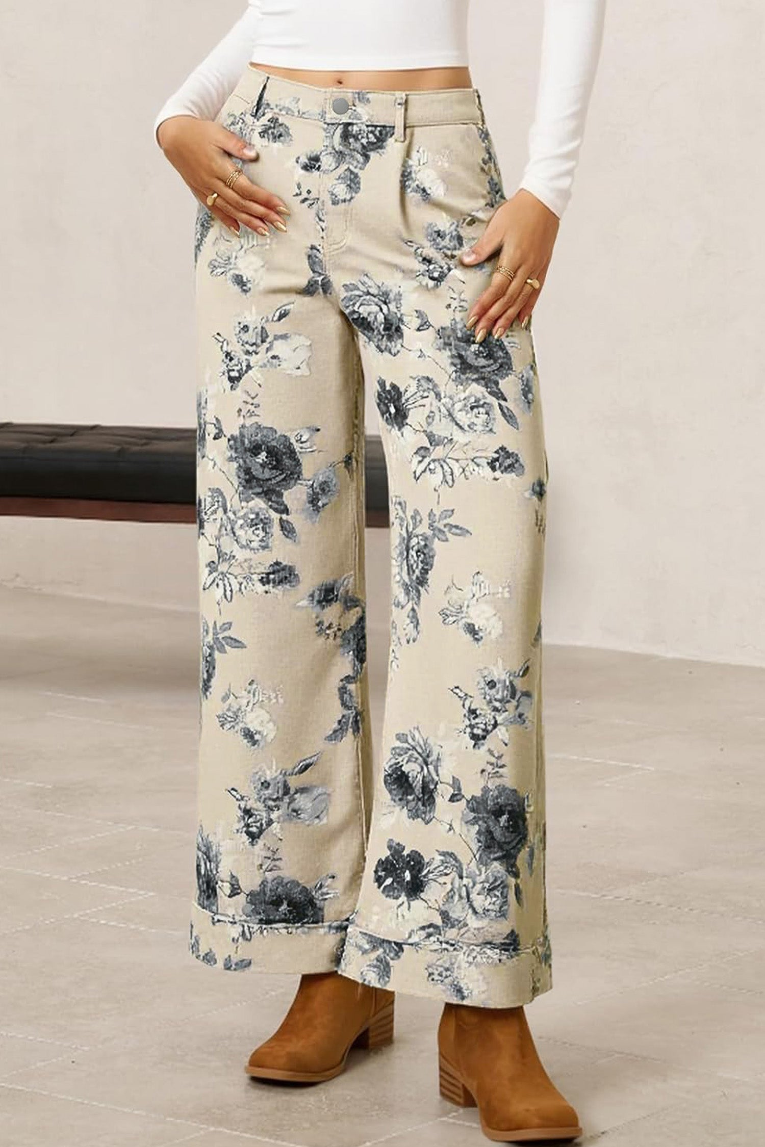 Beige Retro Floral Print Loose Jeans Turn-Up Cuffed Hem Women UK 4-16