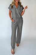 Half Zip Polo Tee & Casual Pant Set Grey Light Grey Beau Blue Women S-XL