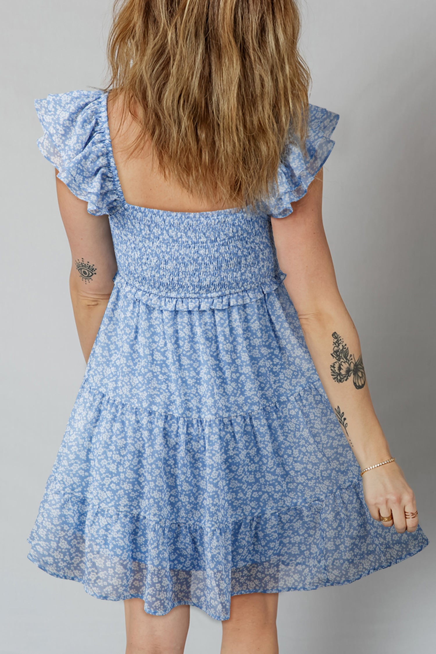 Sky Blue Floral Smocked Tiered Mini Dress Square Neck Flutter Sleeve