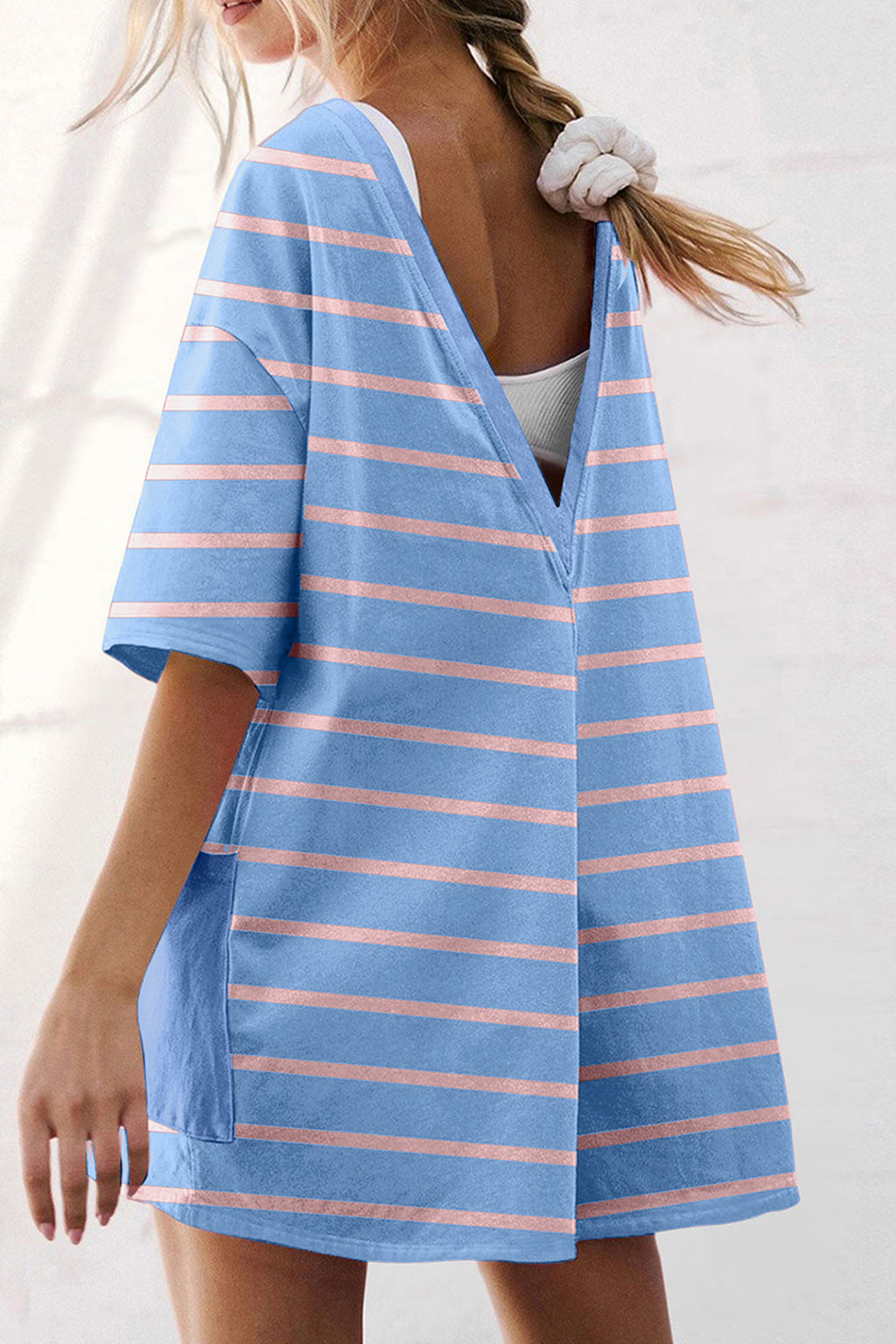 Sky Blue Stripe V Neck Short Sleeve Loose Romper | UK 8–22