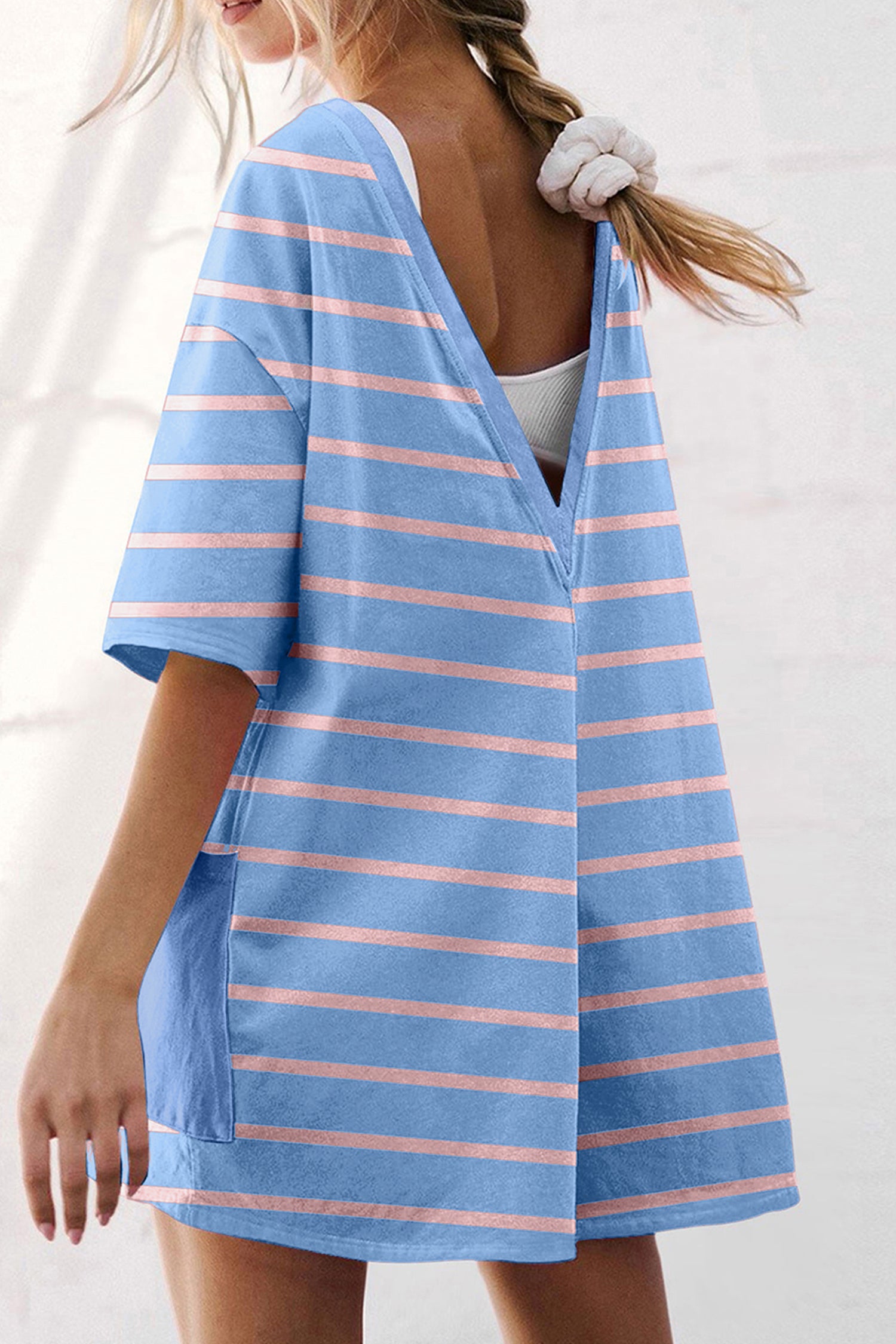 Sky Blue Stripe V Neck Short Sleeve Loose Romper | UK 8–22