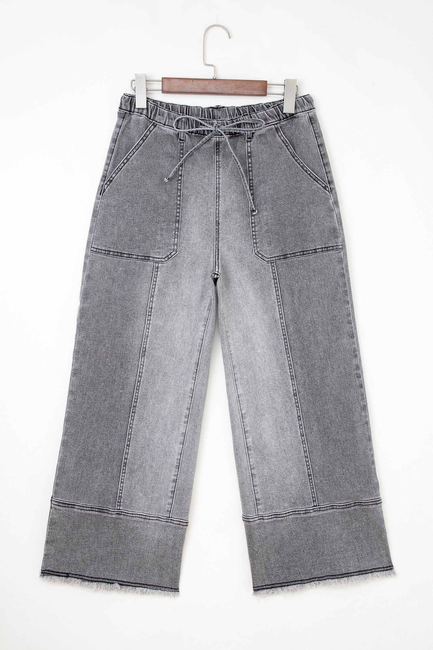 Shop Drawstring Seam Detail Raw Hem Wide Leg Denim Jeans UK 8-22 at LivelyLooks