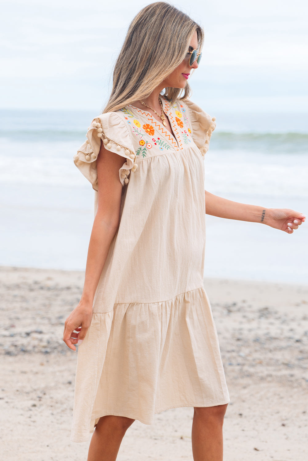 Shop Floral Embroidery Pom Pom Ruffle Sleeve Split Neck Mini Dress | S-XL at LivelyLooks