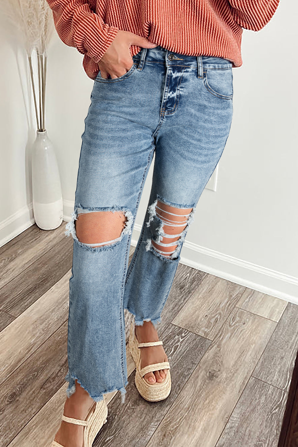 Myosotis Raw Hem Ripped Knee Fit Flare Jeans Women UK 4-16