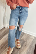 Myosotis Raw Hem Ripped Knee Fit Flare Jeans Women UK 4-16