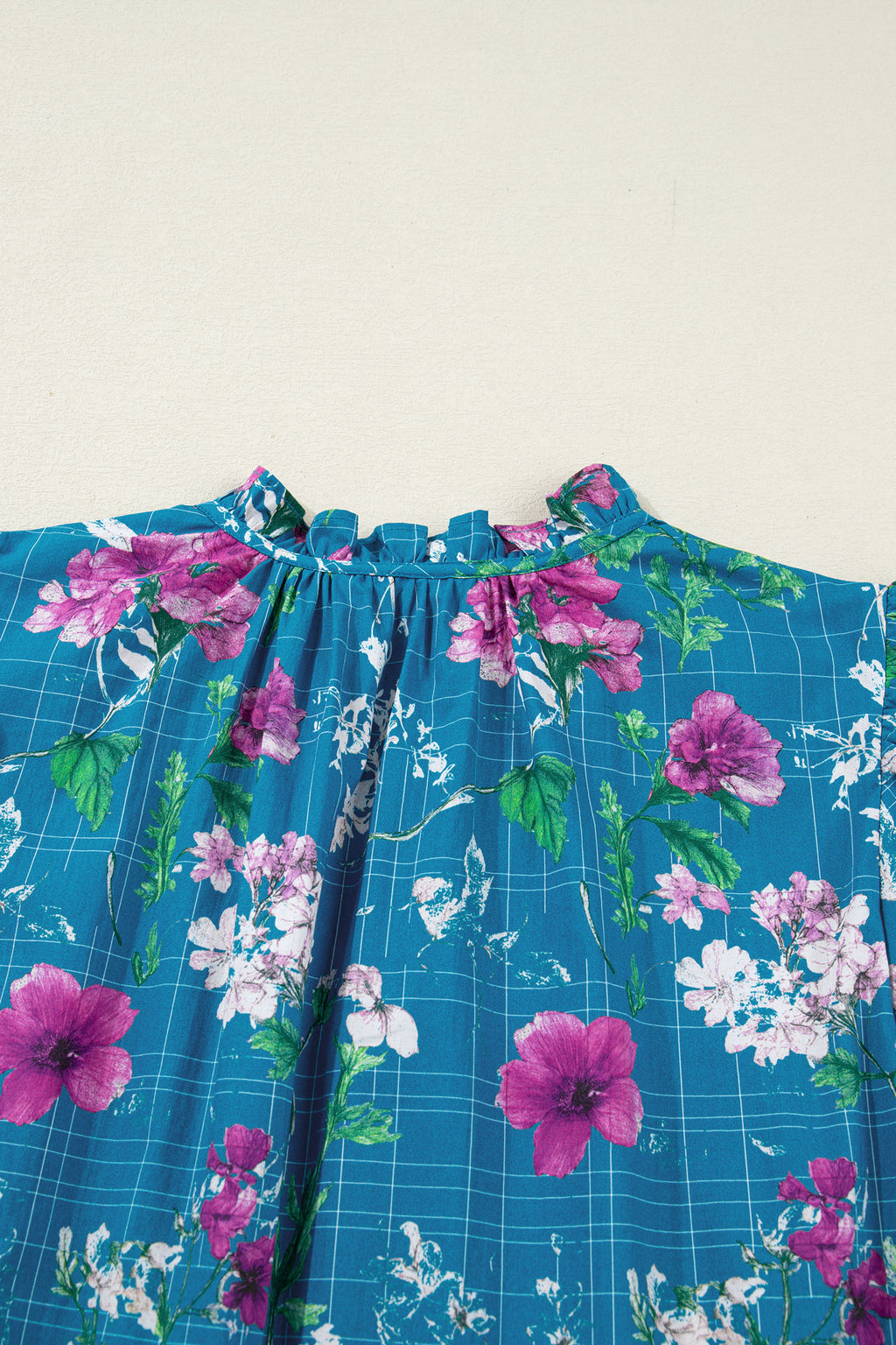 Blue Floral Flutter Sleeve Button Tie Split Neck Belted Long Dress S-XL