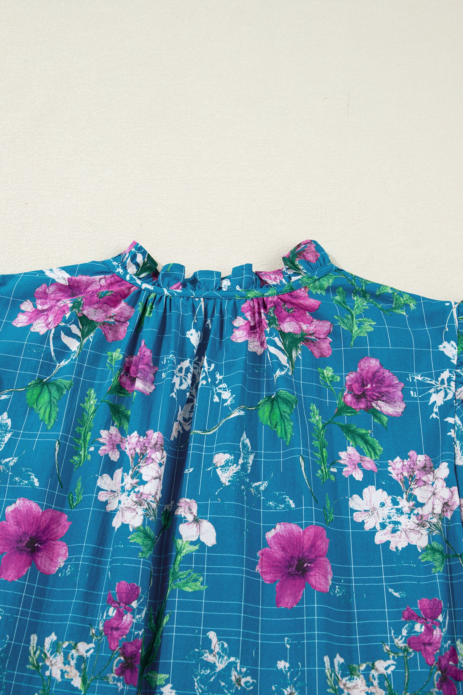 Blue Floral Flutter Sleeve Button Tie Split Neck Belted Long Dress S-XL