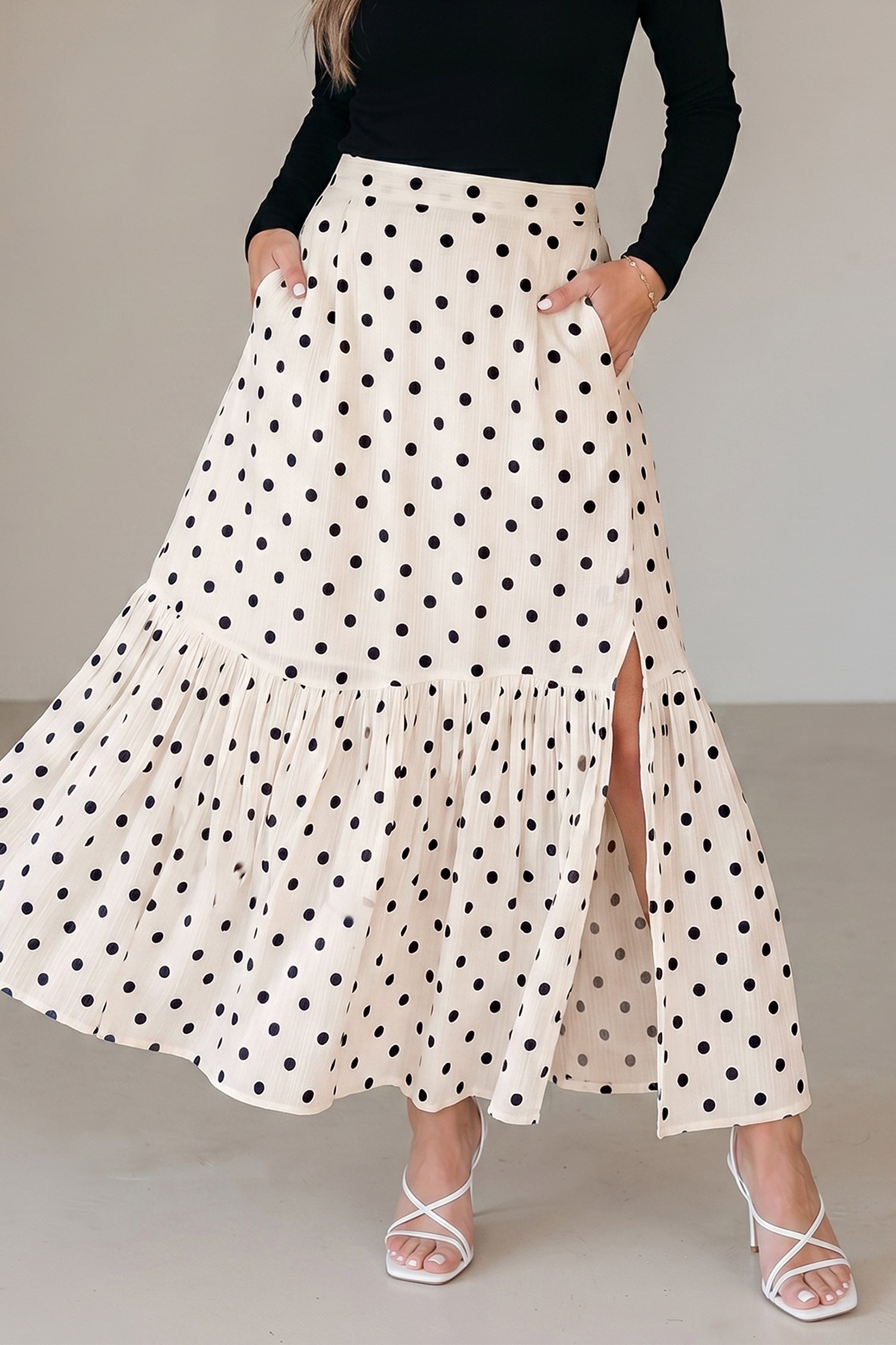 White Polka Dot Ruffle Split Hem Maxi Skirt with Pockets
