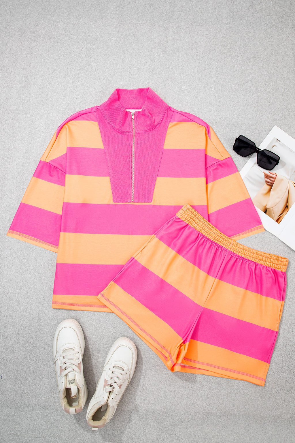 Seam Detail Half-Zip Tee & Casual Shorts Co-ord | Pink, Sky Blue & Yellow Stripe