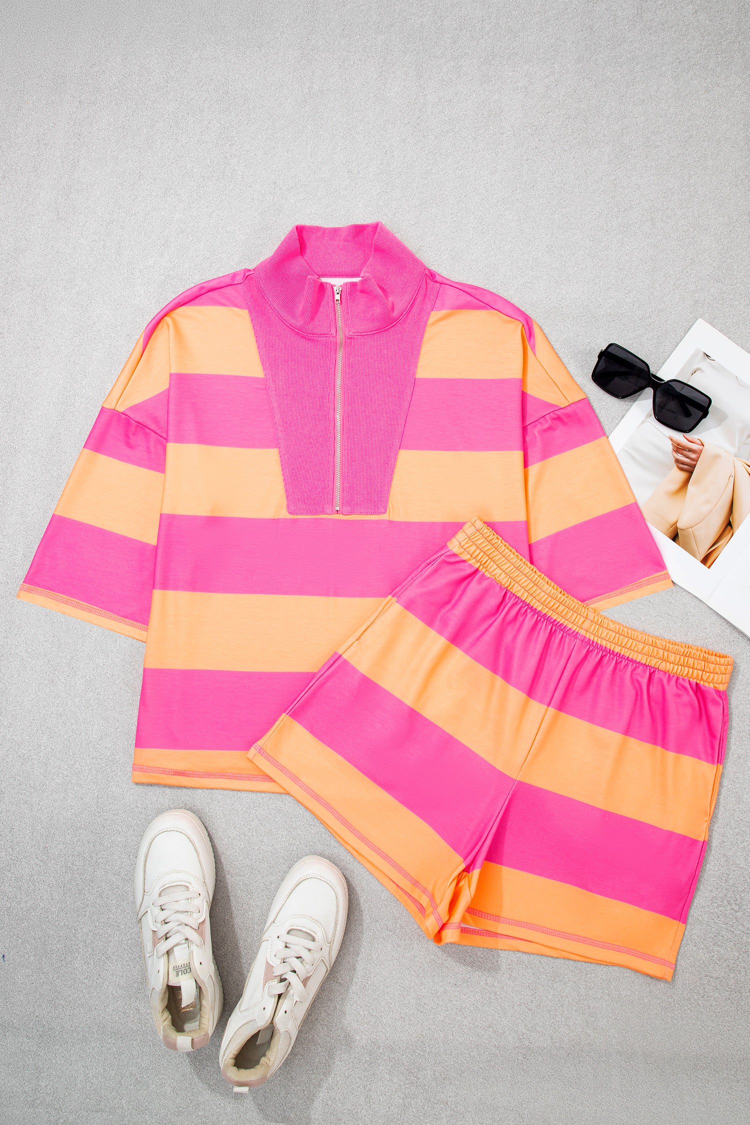 Seam Detail Half-Zip Tee & Casual Shorts Co-ord | Pink, Sky Blue & Yellow Stripe