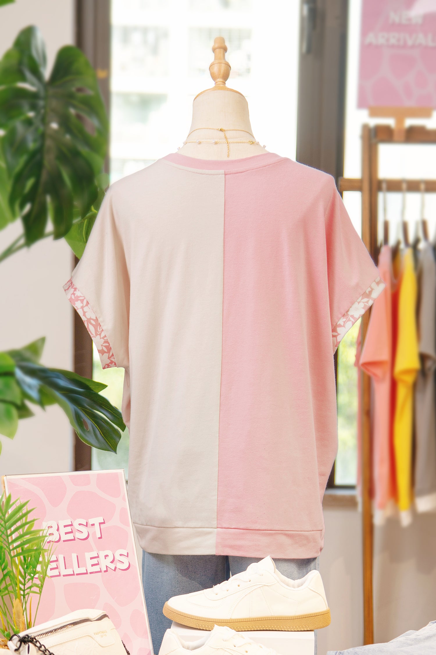 Beige Colour Block Flower Patch Loose T-Shirt | Casual Top