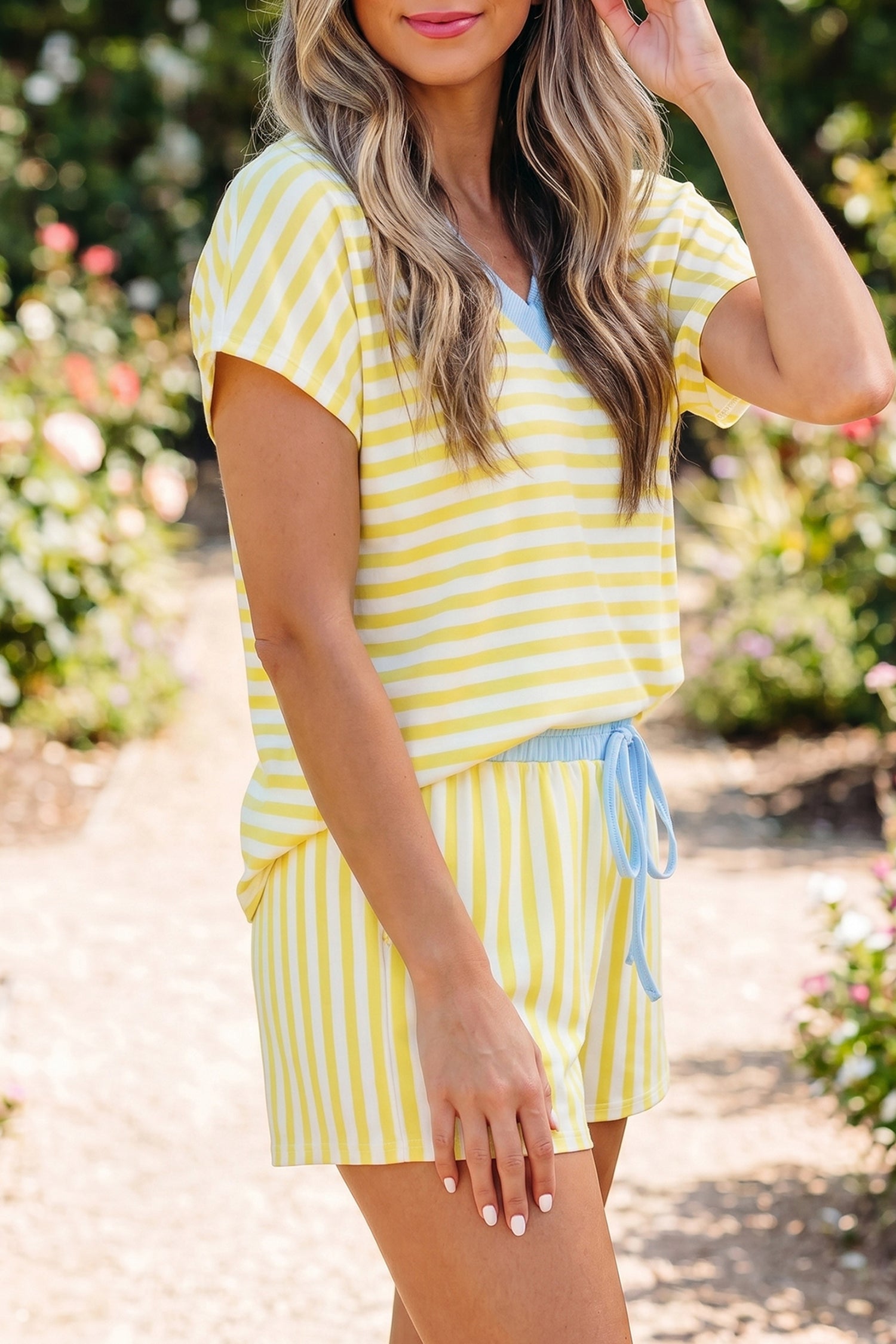 Women's Stripe V-Neck Tee & Drawstring Shorts Set Contrast Trim S-XL