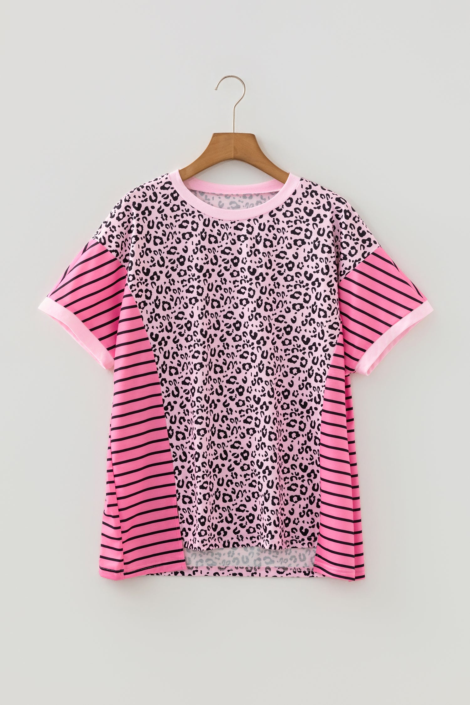Women's Leopard Stripe Patchwork Top Side Slit Loose Short Sleeve | Pink at LivelyLooks