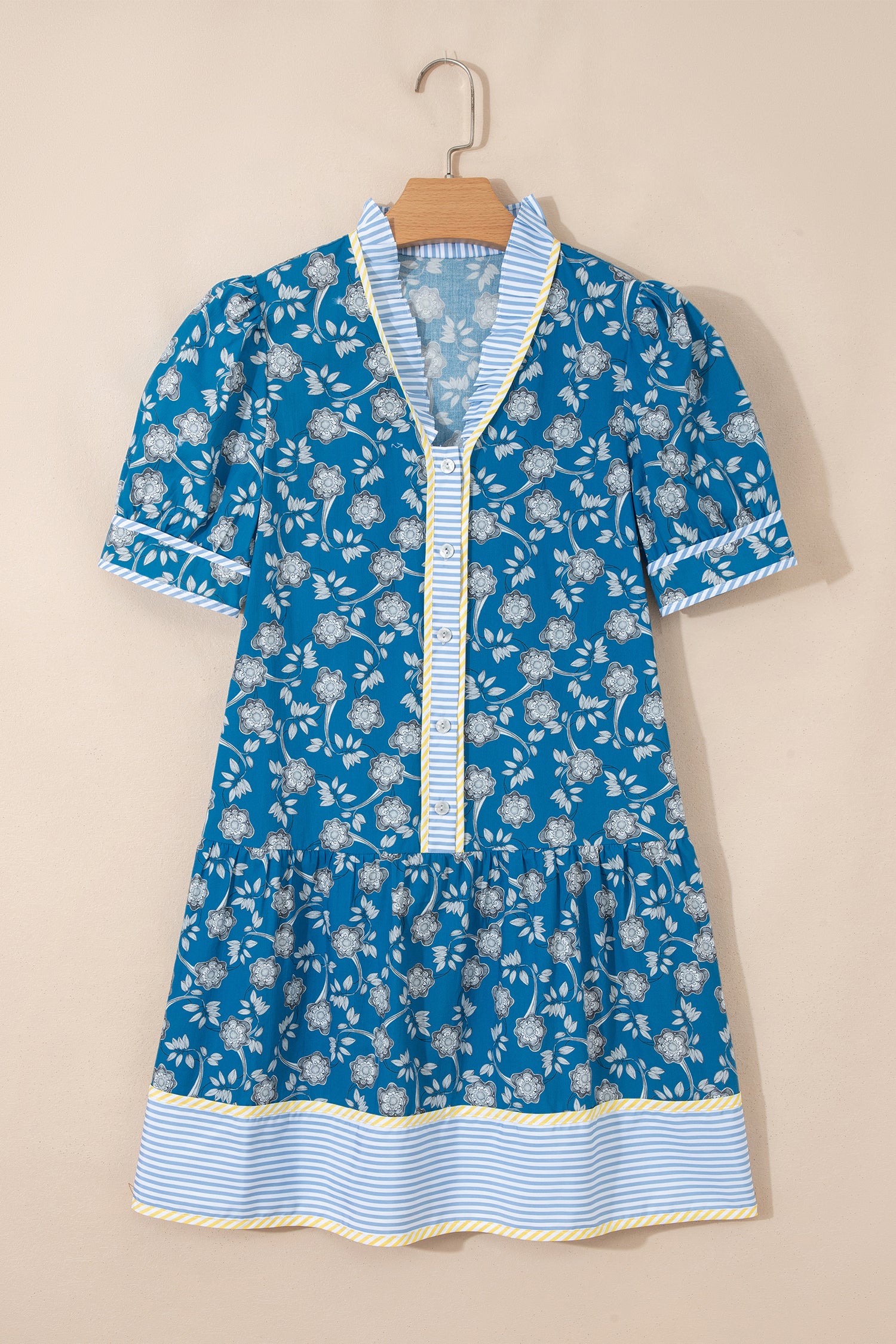 Blue Striped Trim Half Button Short Sleeve Floral Mini Dress S-XL