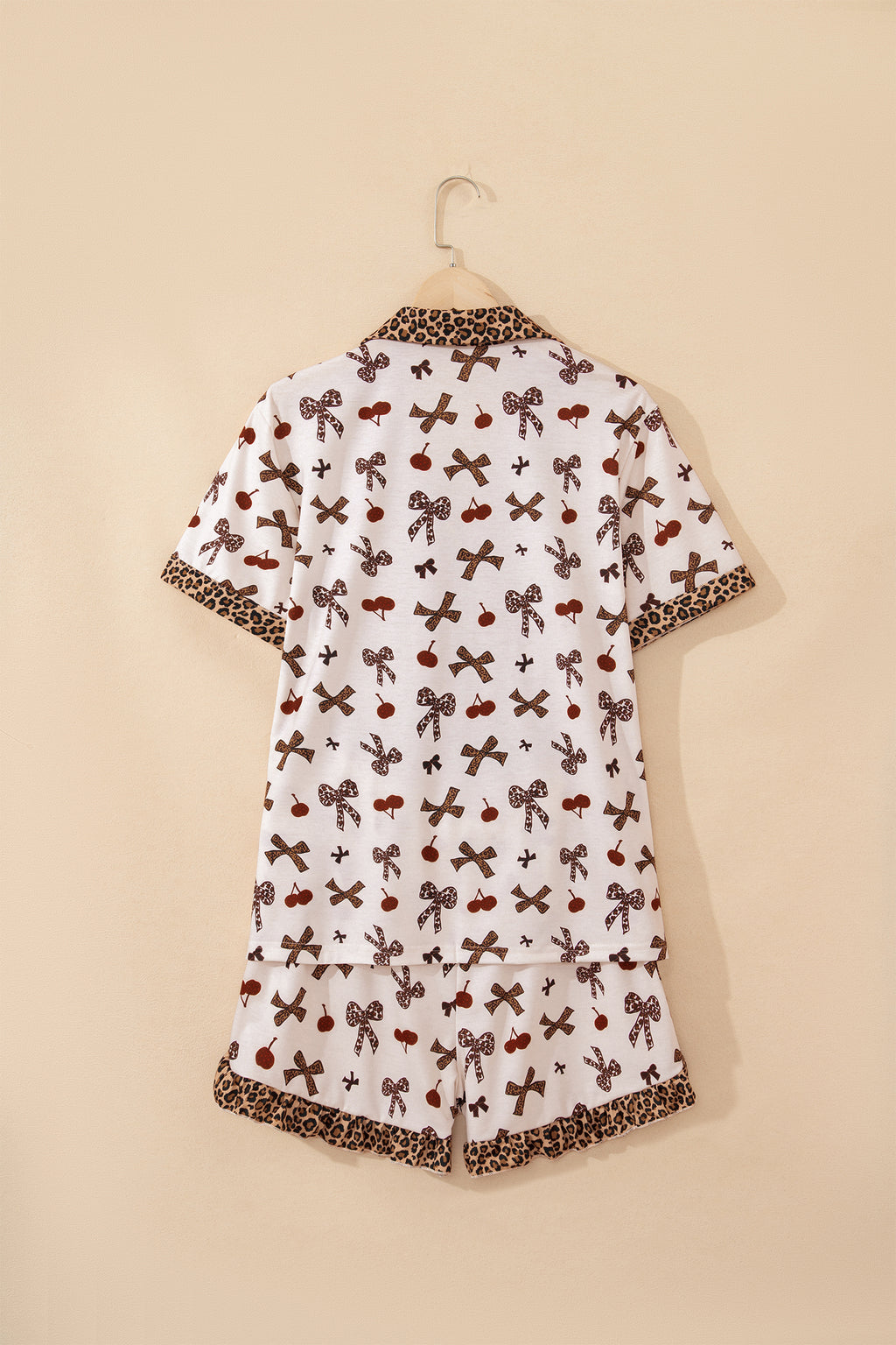 Shop White Cherry Print Leopard Patchwork PJ Set Bow Shirt and Drawstring Shorts Pyjamas at LivelyLooks
