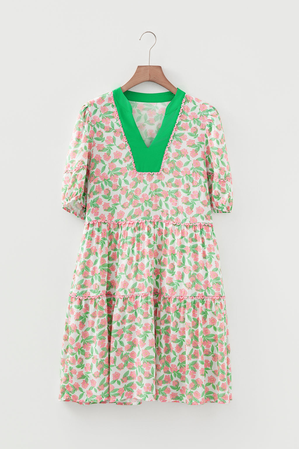 Women's Green Floral Ricrac Trim Babydoll Mini Dress Puff Sleeve V-Neck S-XL at LivelyLooks