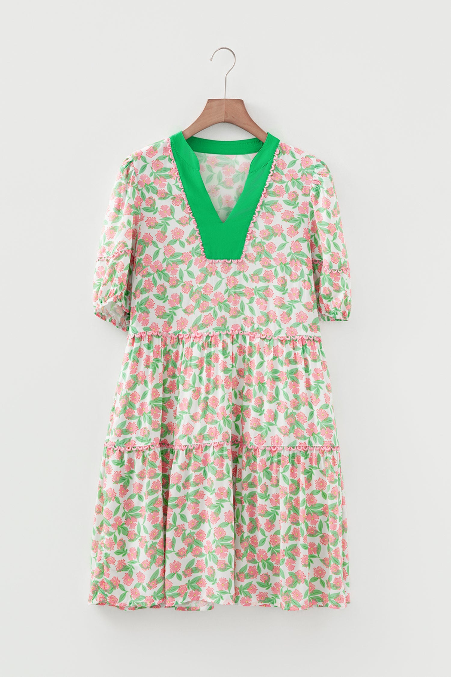Women's Green Floral Ricrac Trim Babydoll Mini Dress Puff Sleeve V-Neck S-XL at LivelyLooks