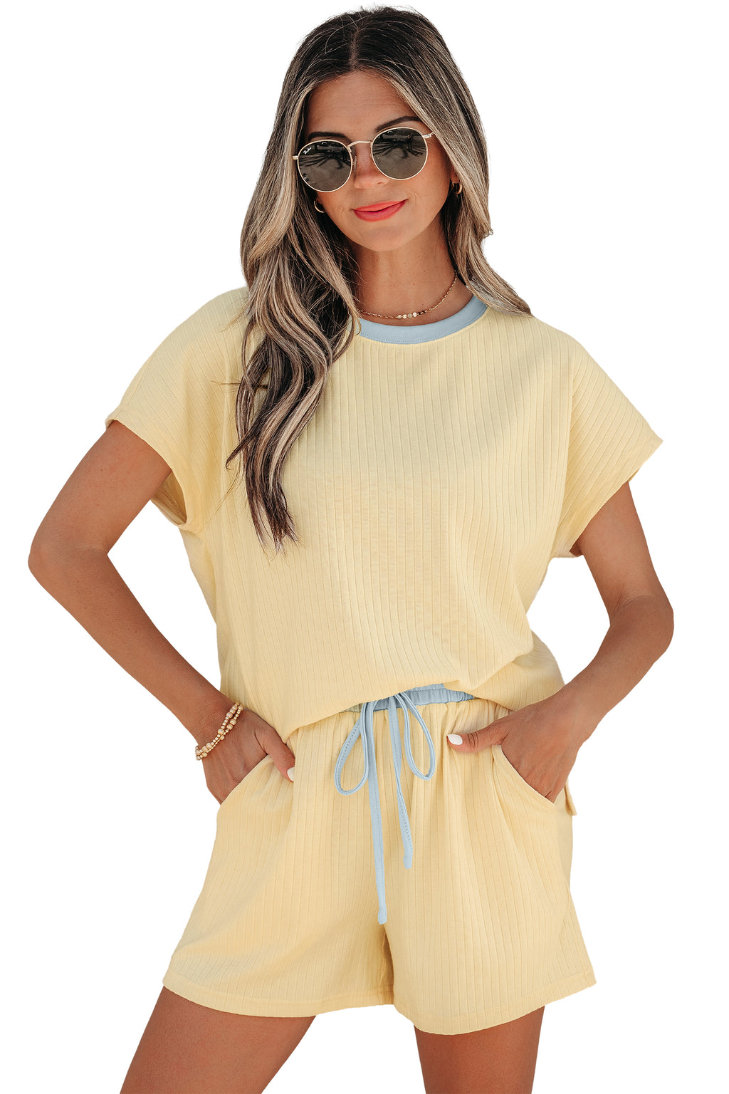 Mist Blue Ribbed Colour Block Tee & Shorts Co-ord Set