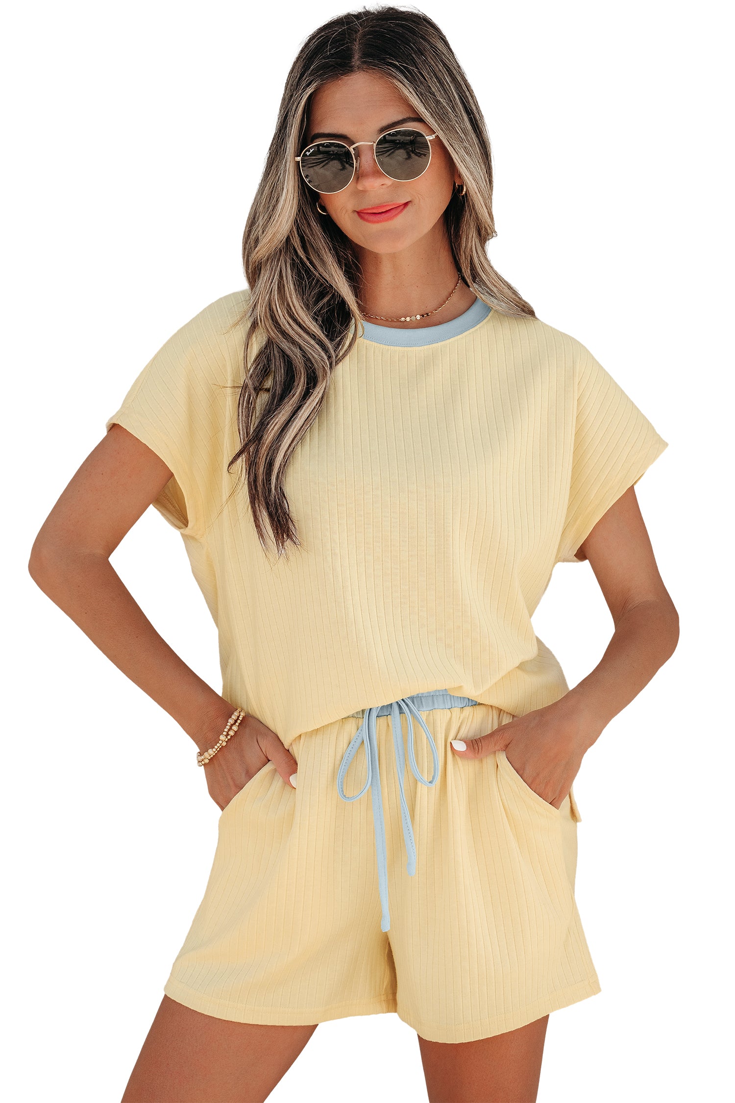 Mist Blue Ribbed Colour Block Tee & Shorts Co-ord Set
