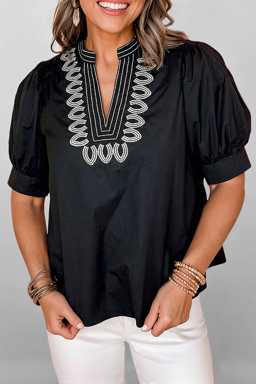 Shop Black Embroidered V Neck Puff Sleeve Blouse Women's Top at LivelyLooks