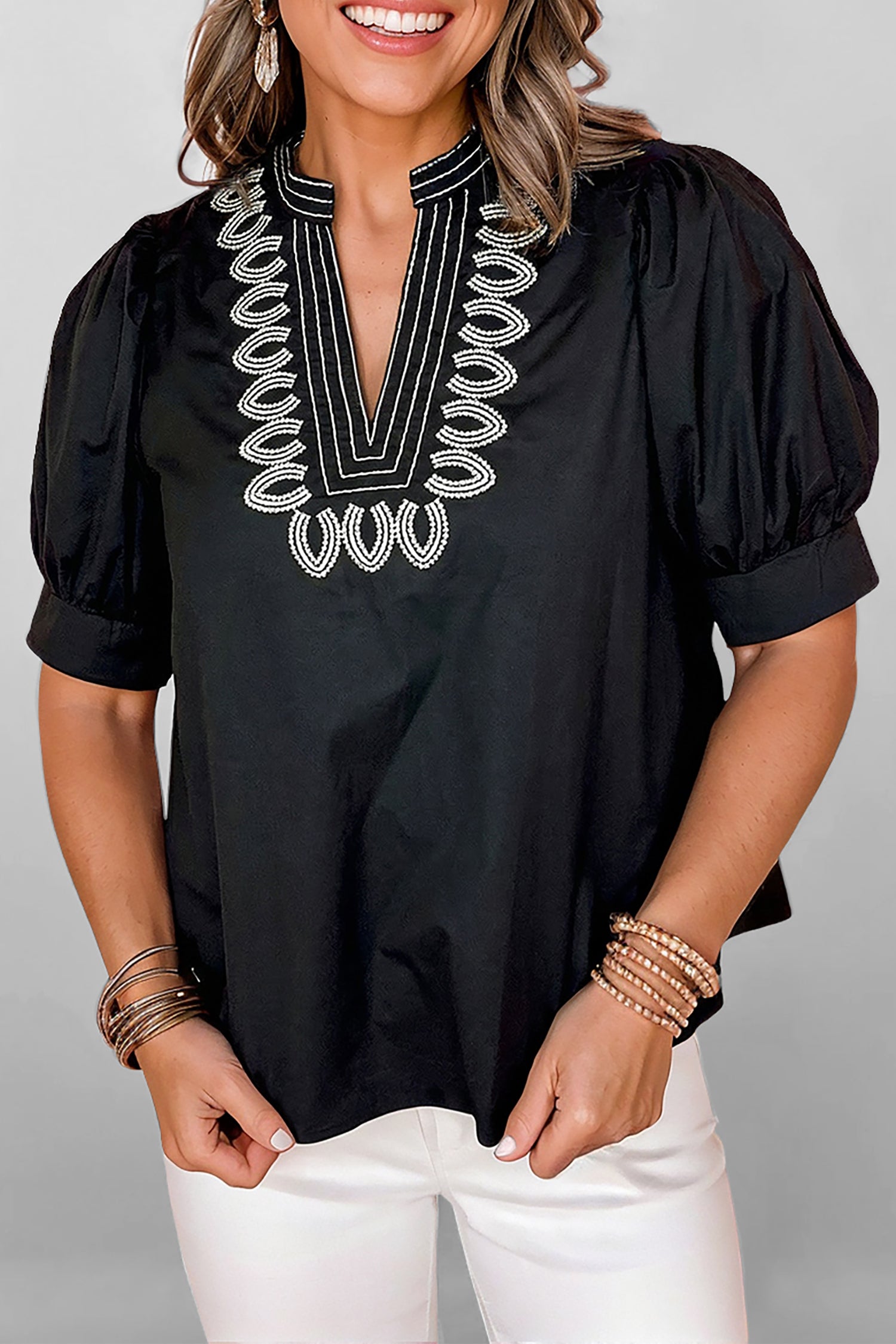 Shop Black Embroidered V Neck Puff Sleeve Blouse Women's Top at LivelyLooks