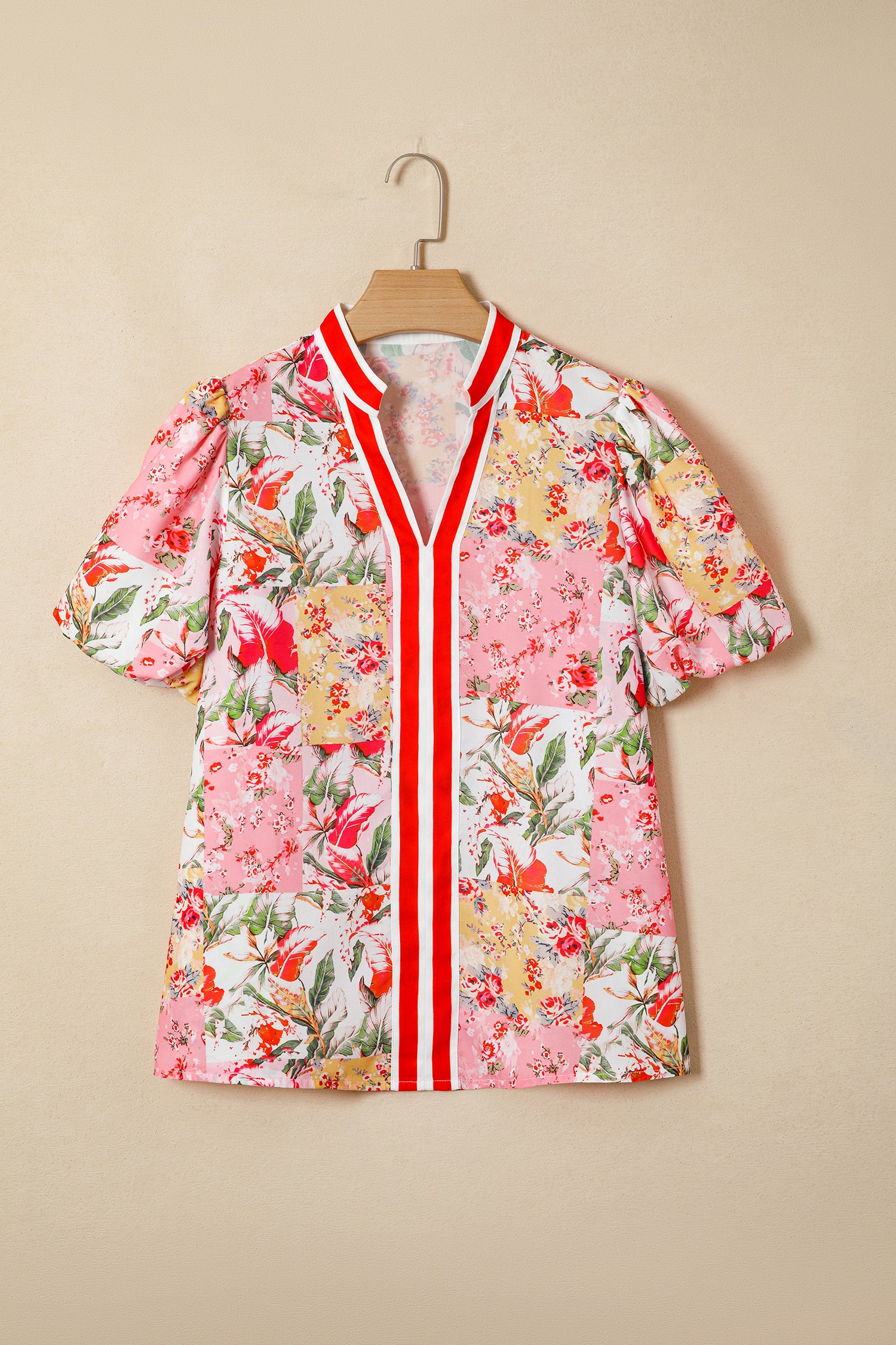 Women's Pink Contrast Collared V Neck Short Sleeve Floral Blouse at LivelyLooks