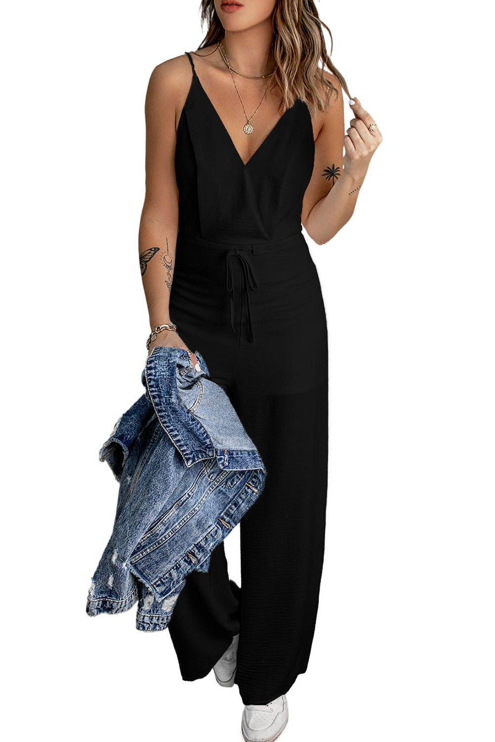 Women's Black Spaghetti Strap High Waist Wide Leg Drawstring Jumpsuit at LivelyLooks
