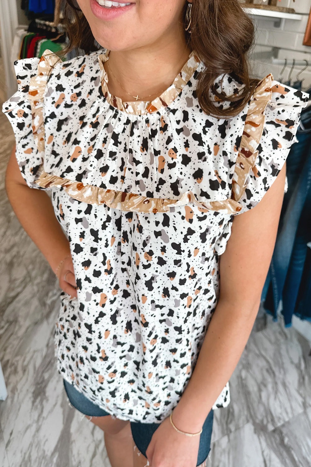 White Leopard Print Frill Neck Flutter Sleeve Blouse | S-XL