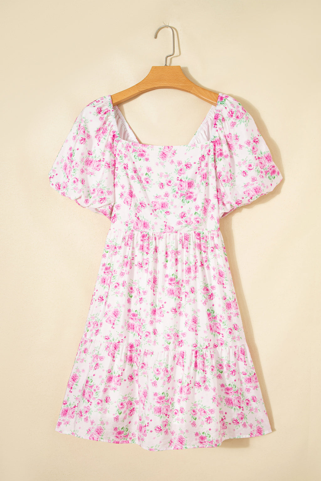 Pink Floral Mini Dress Square Neck Ribbon Knot Back Puff Sleeve Women S-XL