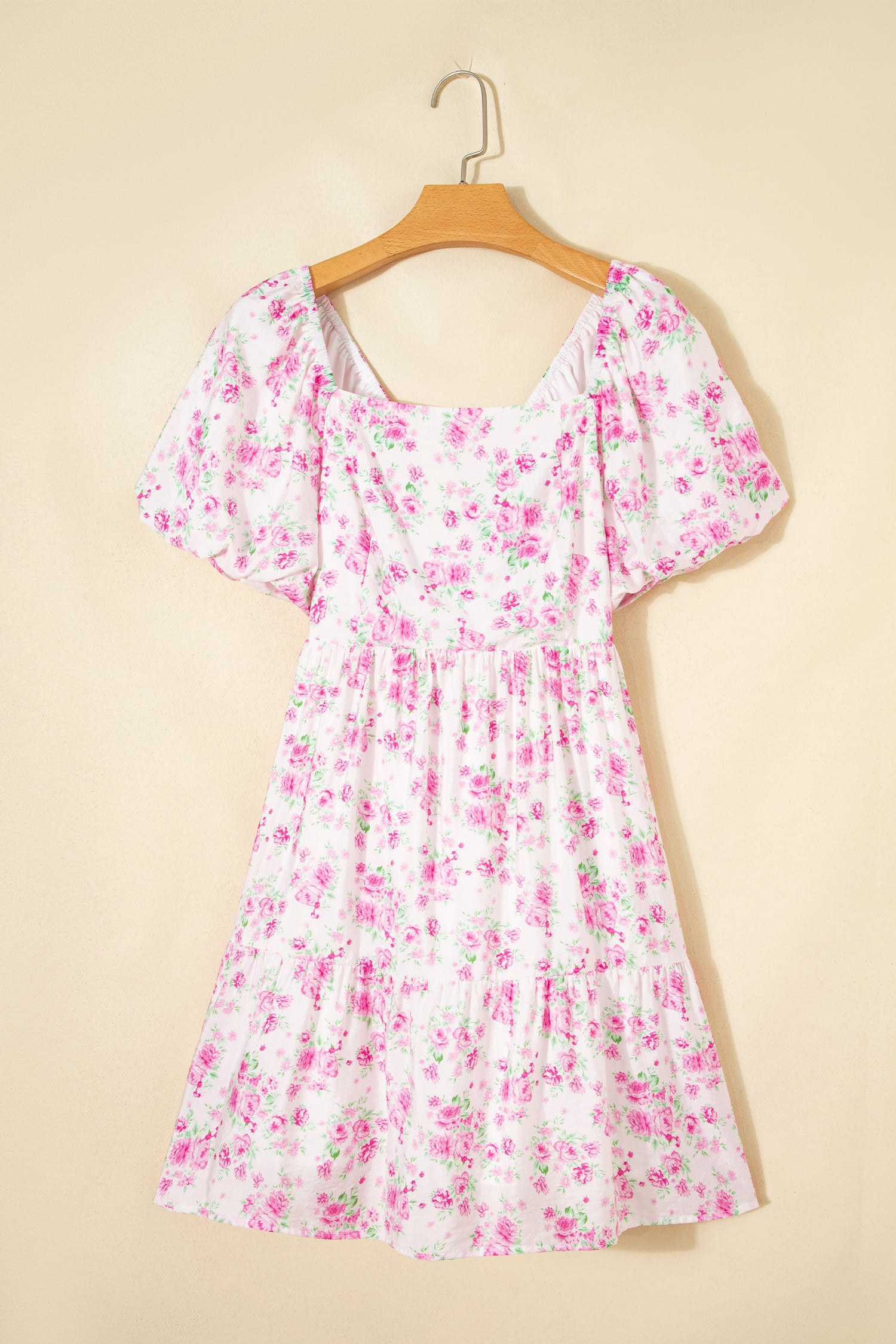Pink Floral Mini Dress Square Neck Ribbon Knot Back Puff Sleeve Women S-XL