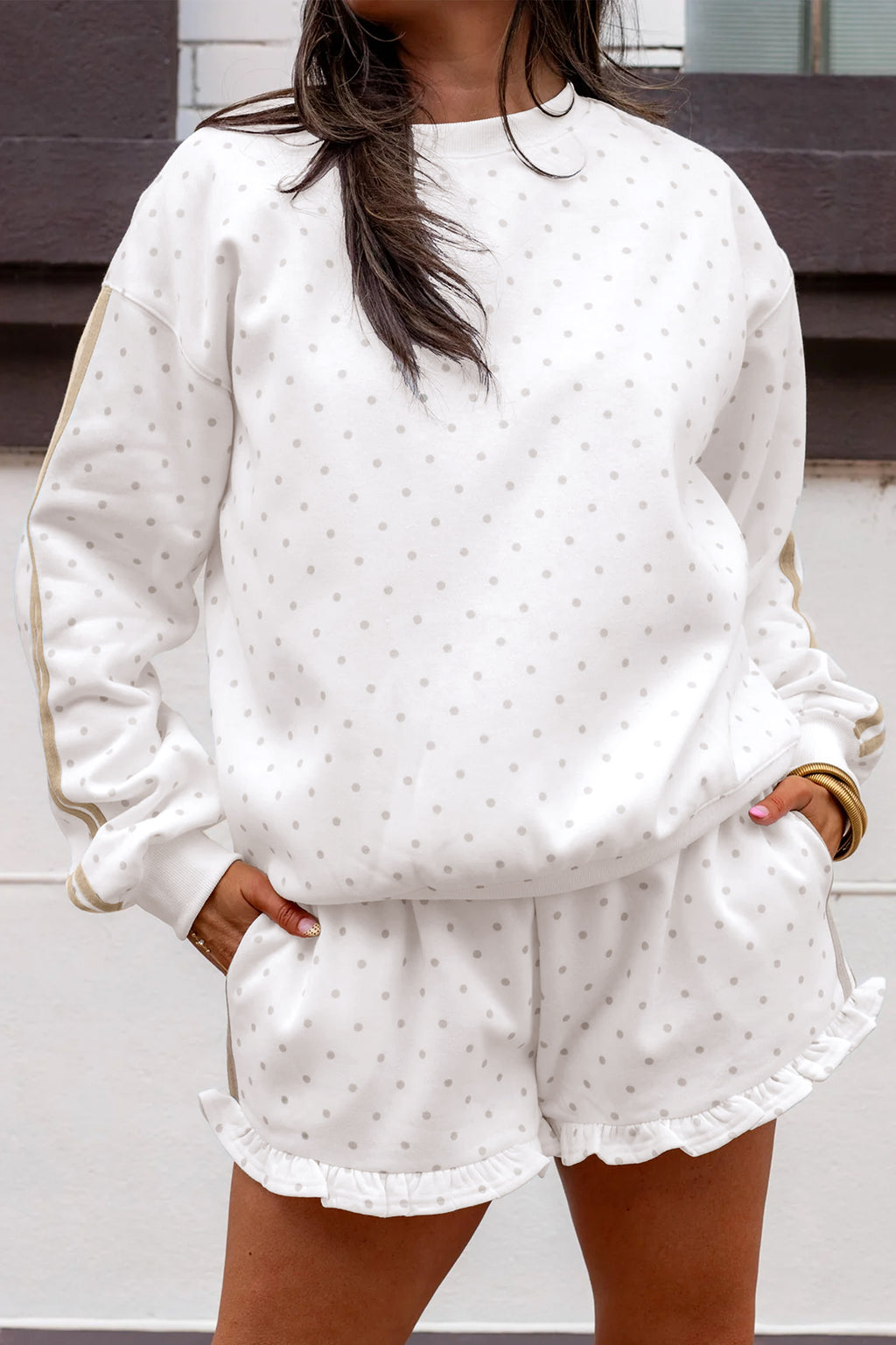 White Polka Dot Side Stripe Casual Sweatshirt & Shorts Set | UK 8–22