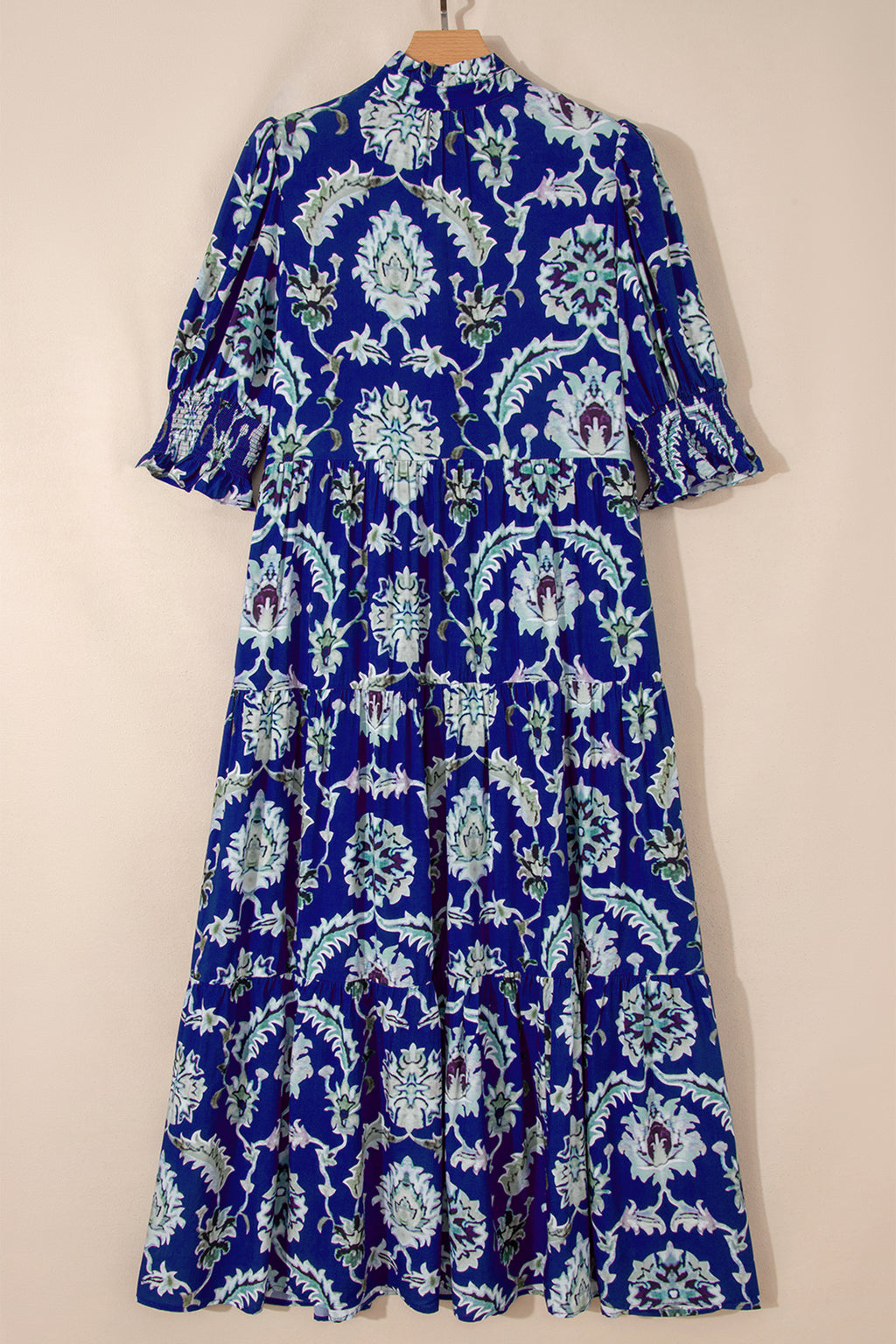 Women's Blue Wild Floral Print Frilled Collar Puff Sleeve Midi Dress at LivelyLooks