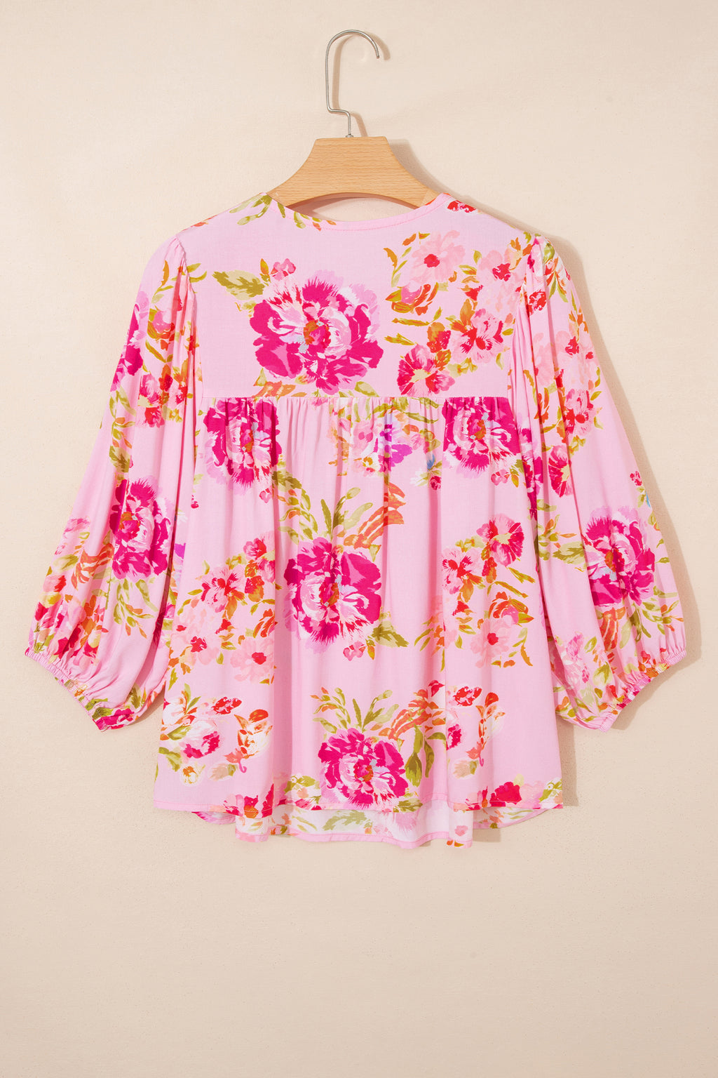 Shop Pink Floral Print Tie Neck Puffy Half Sleeve Blouse at LivelyLooks