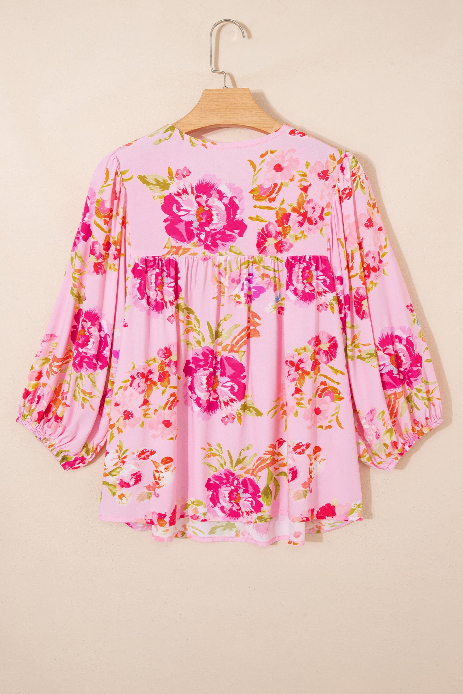 Shop Pink Floral Print Tie Neck Puffy Half Sleeve Blouse at LivelyLooks
