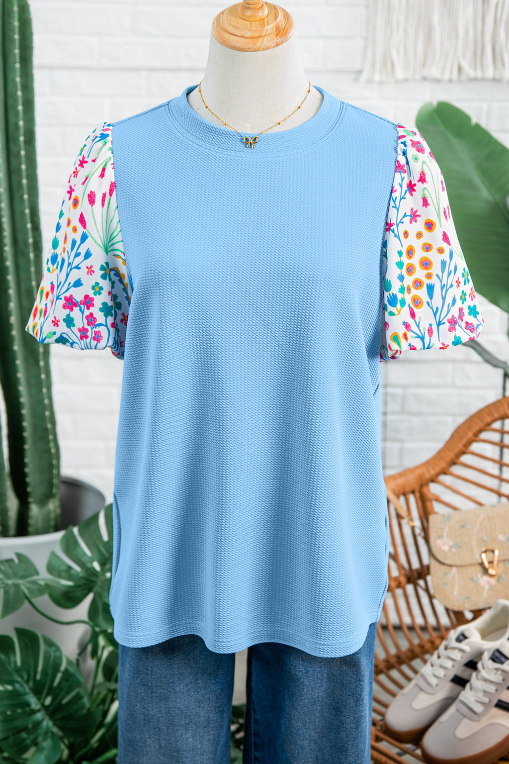 Pink Floral Bubble Sleeve Textured Contrast Round Neck Blouse