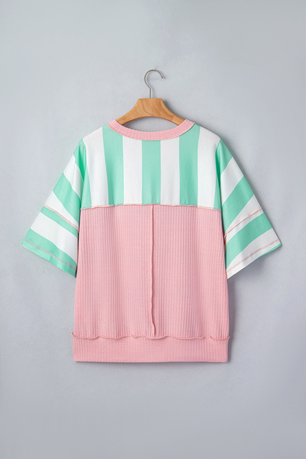 Stripe Colourblock Ribbed Patchwork Exposed Seam Oversized Tee | Pink & Green