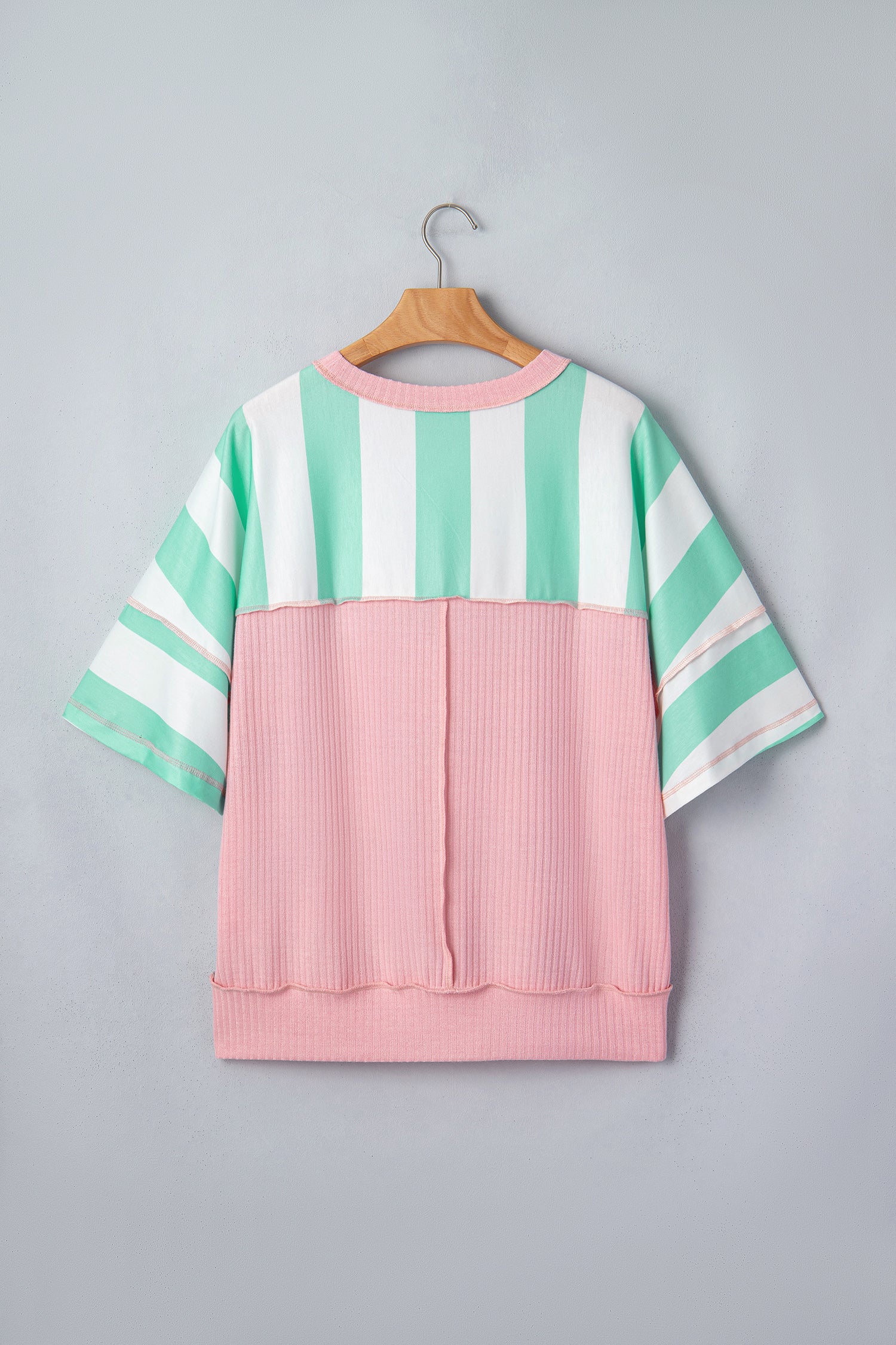 Stripe Colourblock Ribbed Patchwork Exposed Seam Oversized Tee | Pink & Green