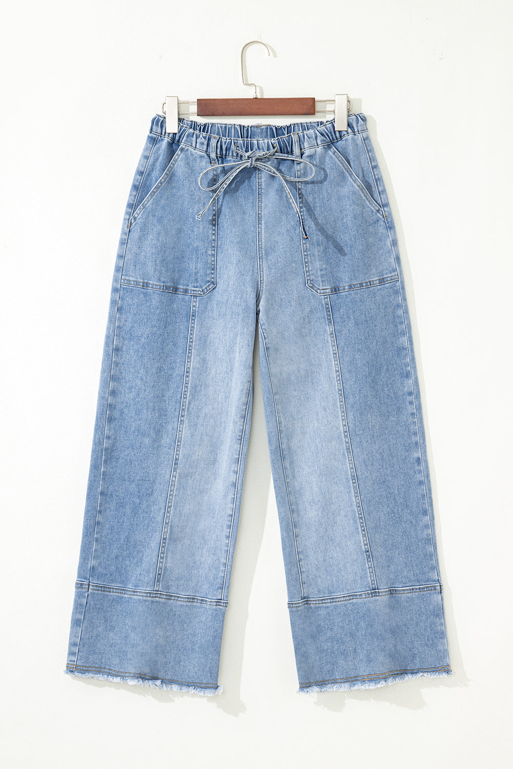 Shop Drawstring Seam Detail Raw Hem Wide Leg Denim Jeans UK 8-22 at LivelyLooks