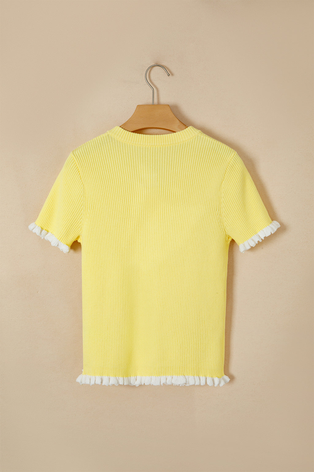 Yellow Ribbed Knit Contrast Trim Frilled Short Sleeve Cardigan